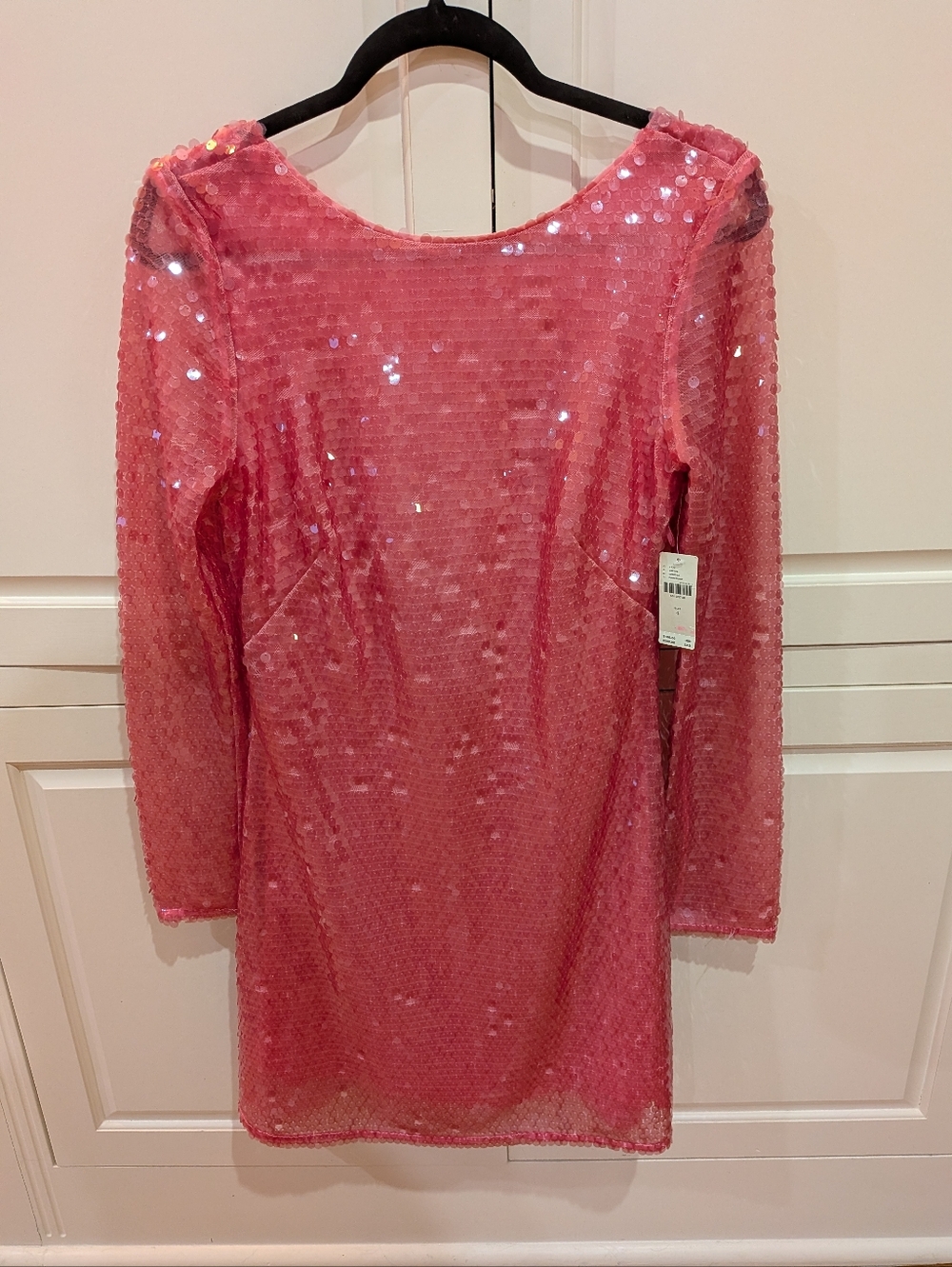 Anthropologie Pink Sequin Drape Back Long Sleeve Mini Dress. Size 4.